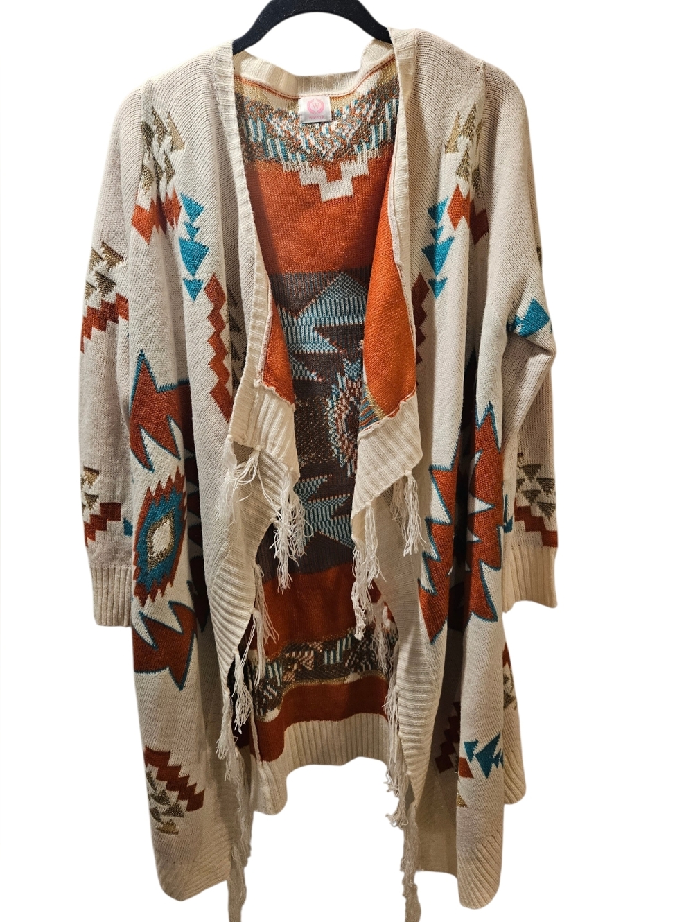 Open-Front Cardigan with Rust & Teal Geometric Pattern